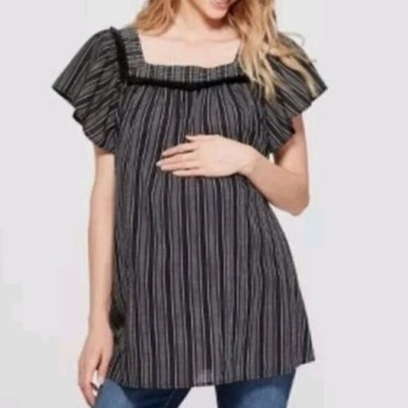 HP 10/16 Isabel Maternity Boho Fringe Top Black Gray Stripe Short Sleeve New - Picture 1 of 9